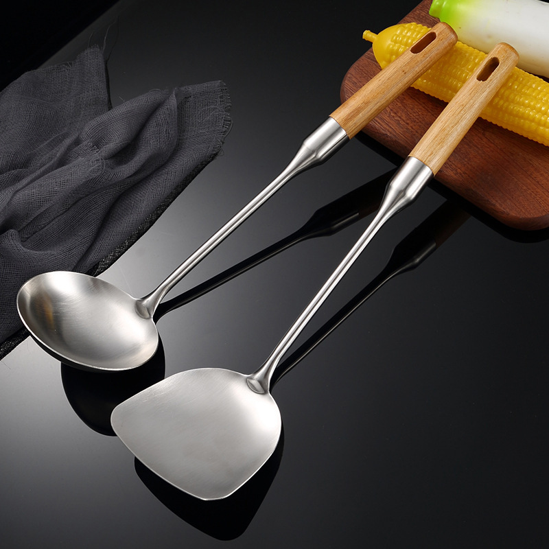 304 stainless steel spatula spoon beech wood wok spatula soup spoon anti-scald chef spoon spatula Shuangli wooden handle set long handle