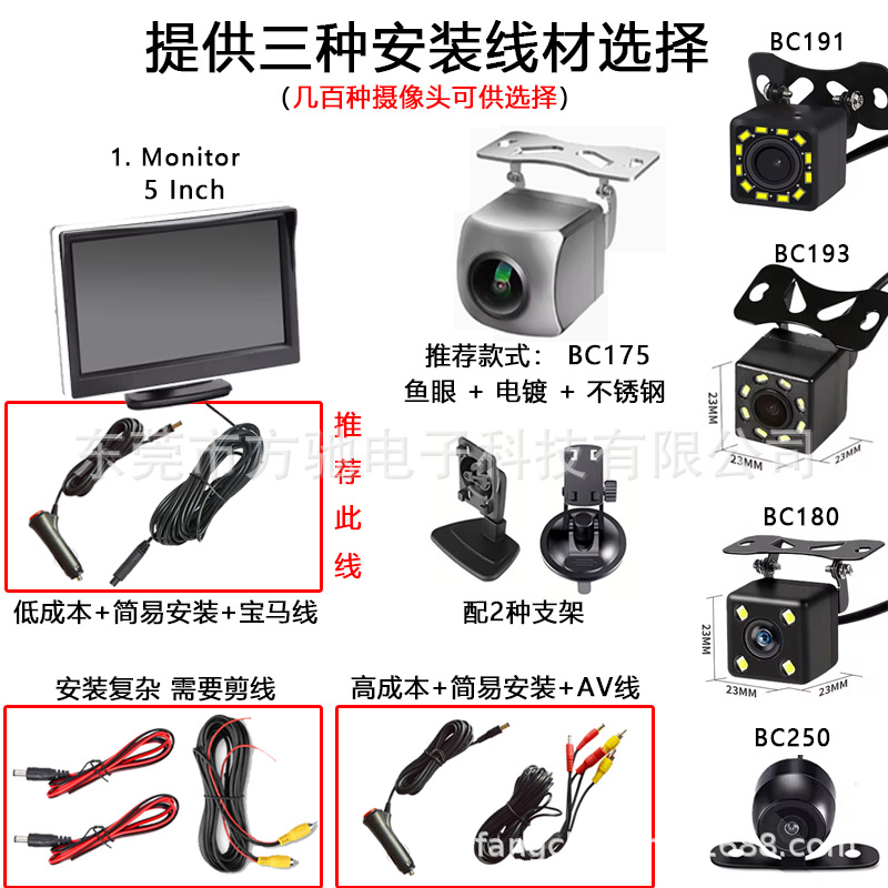 低成本+简易安装+宝马线 + BC175 · 套装 RM500 - CVBS 高亮 480*272， 提供三种线材选择 + 各种摄像头