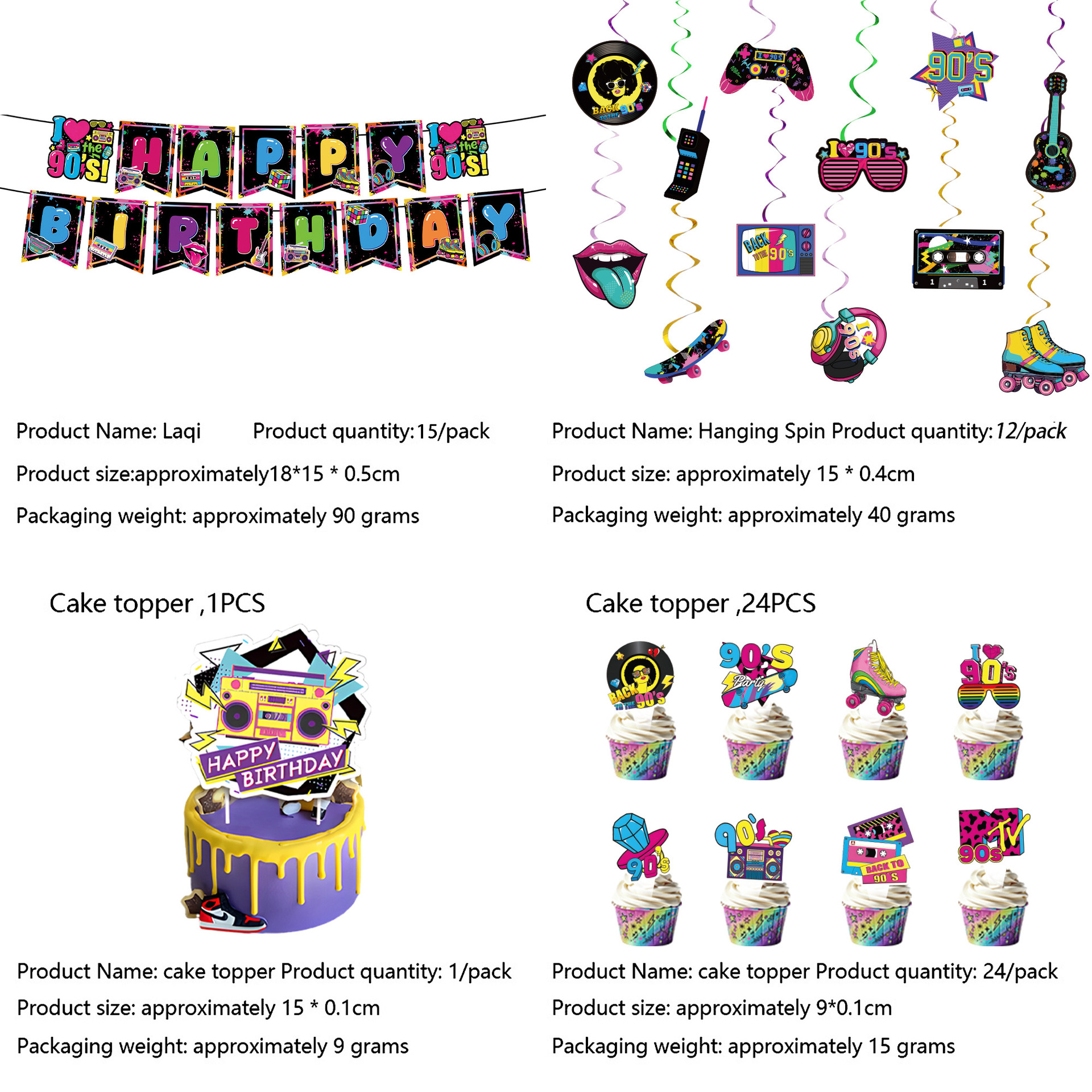 New 90s Party Disposable Tableware Paper Plate Paper Cup Napkin Tablecloth Bunting Flag Cake Decoration