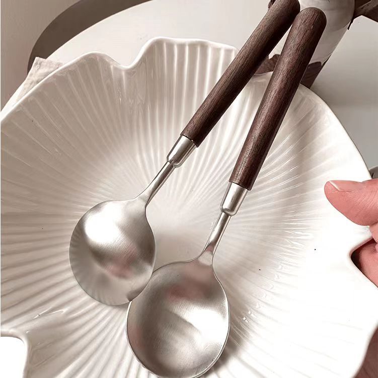 Stainless Steel Spoon Simple Texture Imitation Walnut Handle Set Household Western Tableware Rice Spoon Tableware
