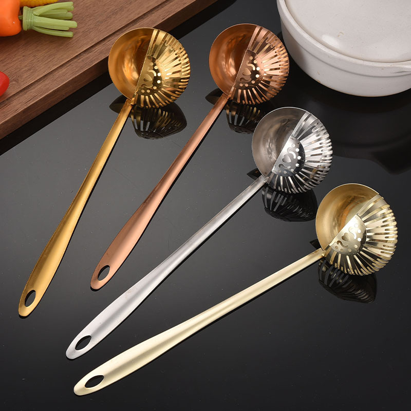 Gold Dual-Purpose Spoon and Strainer 2-in-1 Long-Handle Soup Spoon Filter Spoon Stainless Steel Hot Pot Integrated Spoon