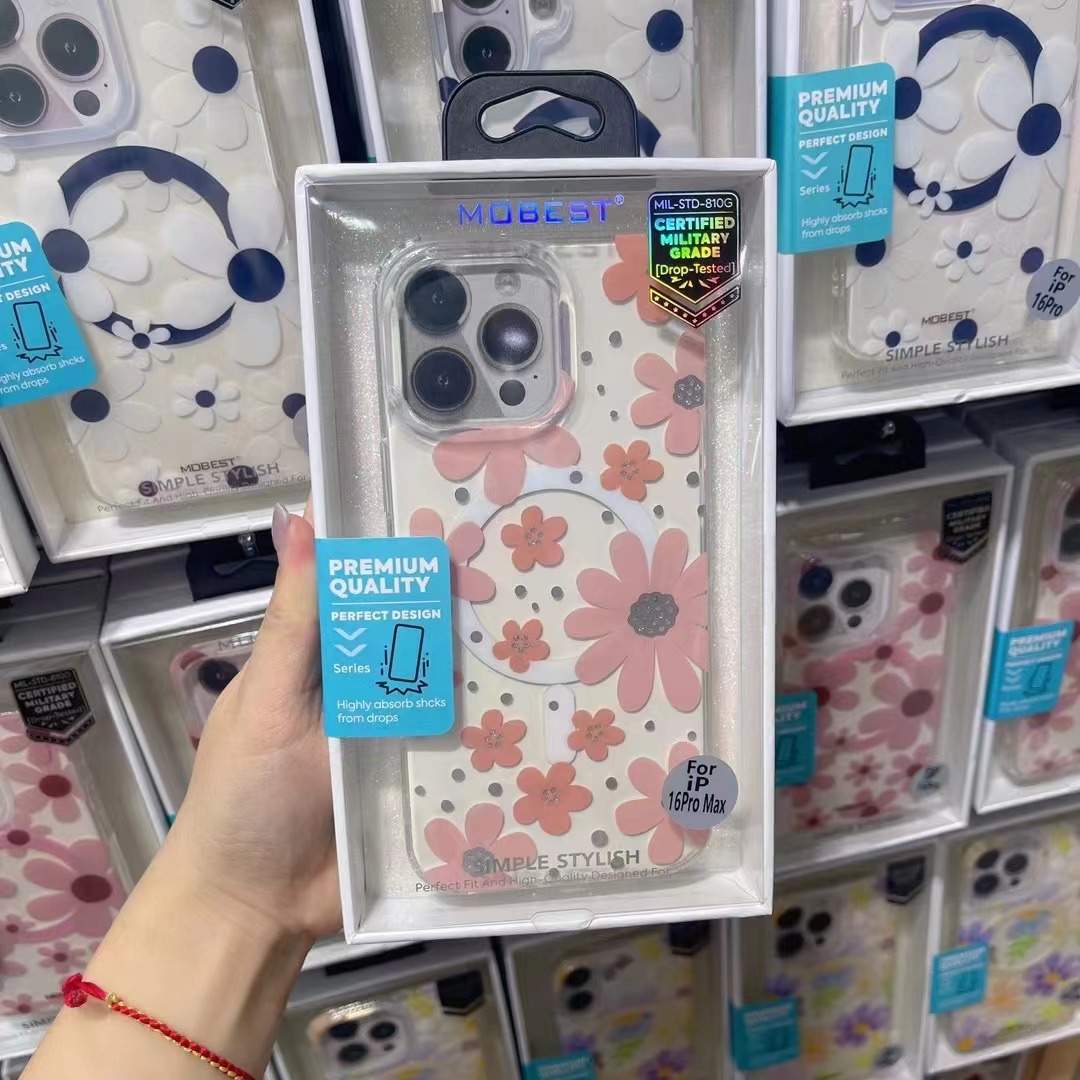 For iPhone 16 Pro Max Garden Transparent Magnetic Phone Case Apple 17 Electroplated Daisy Flower Case