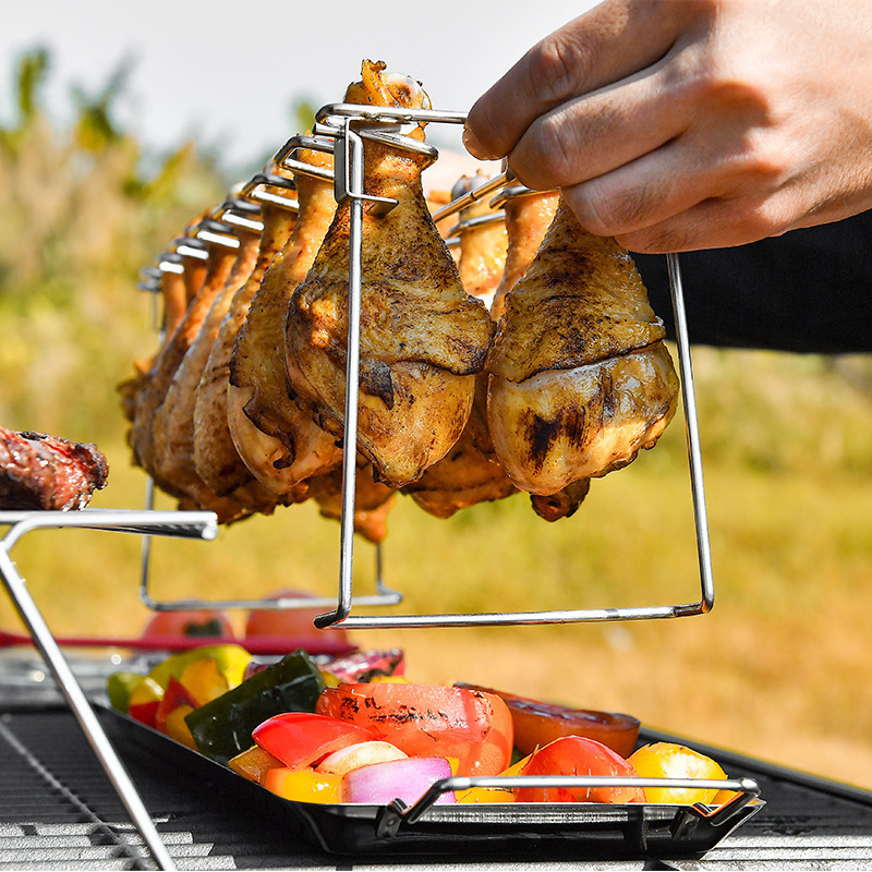Stainless Steel Portable Folding Multifunctional Leg Rack Set with Drip Tray BBQ Grill Net BBQ Roast Meat Vegetable Plate