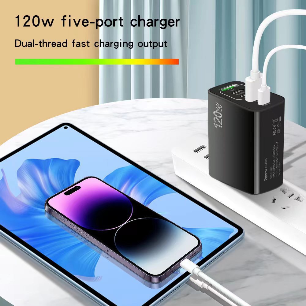 Exclusive 3PD+2USB Phone Charger Multi-Port Fast Charger UK/HK Plug 120W Adapter