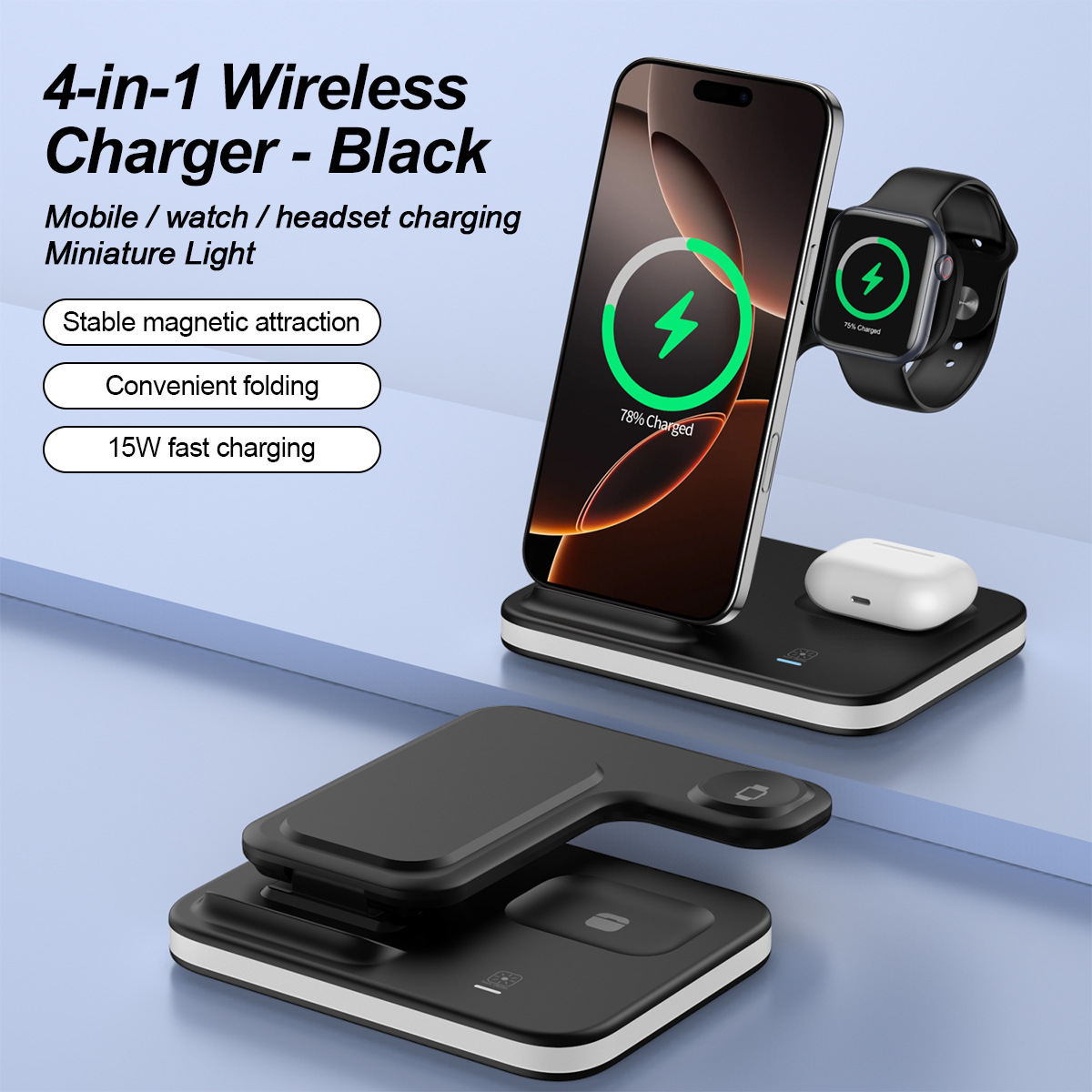 Foldable three-in-one wireless charger 3-in-1 wireless charger multi-function wireless charger night light nursing lamp wireless charger
