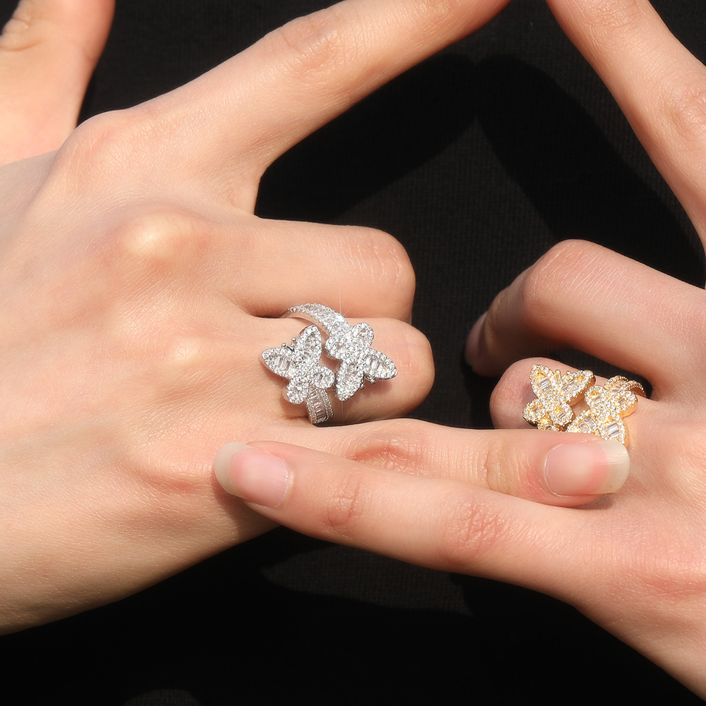 Diamond-studded staggered butterfly open ring unisex hip-hop ring