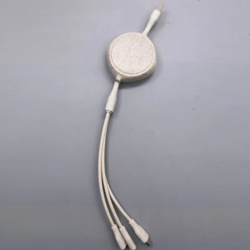 Custom logo wheat straw biodegradable retractable data cable for Apple Android 3-in-1 wheat straw ECO