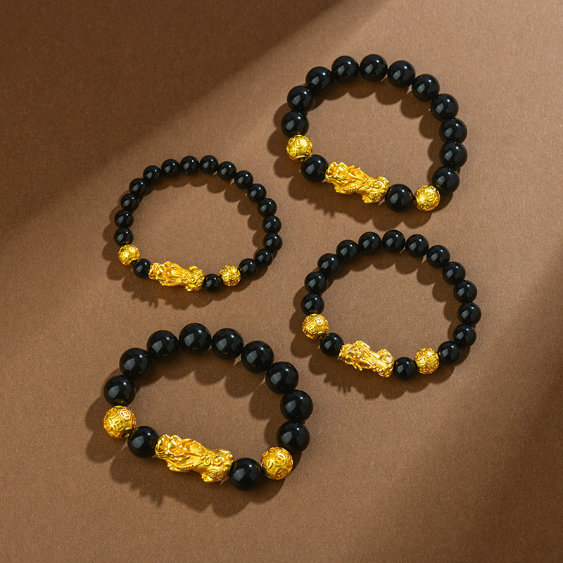 Natural Obsidian Sand Gold Pixiu Bracelet Money Beads Unisex Couple Bracelet Copper Plated Leather