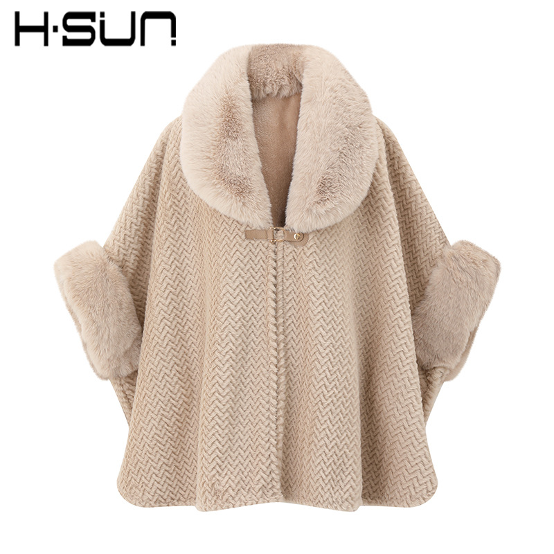 Solid Color Large Fur Collar Cape Coat Plush Thick Warm Mid-Length Loose Cape Cardigan