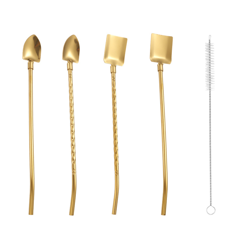 304 stainless steel straw spoon threaded watermelon spoon shovel straw spoon beverage coffee stirring spoon dessert spoon