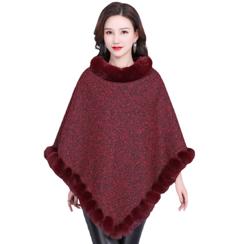 H·SUN Street Style Warp Knit Polyester Fiber Pullover Poncho Cape Imitation Rabbit Fur Collar Scarf Wear