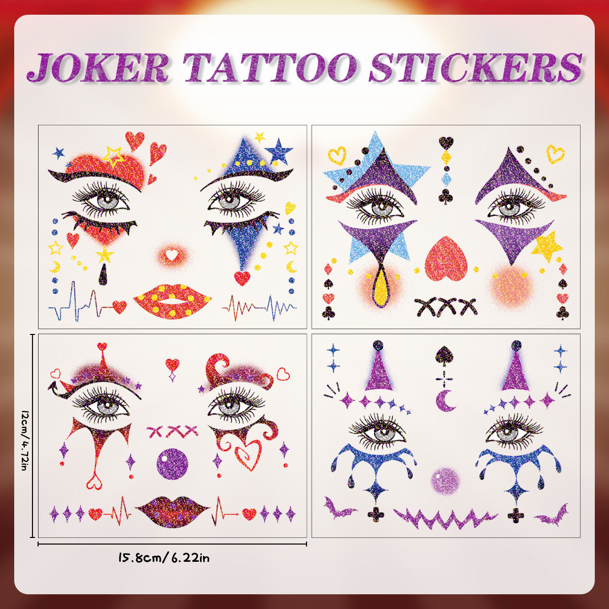 New Product Glitter Clown Face Sticker Halloween Tattoo Sticker Poker Party Temporary Tattoo Sticker Paper