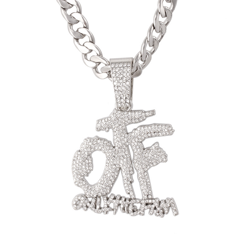 Hip-hop full diamond spliced letter OFF pendant necklace punk rap Cuban jewelry