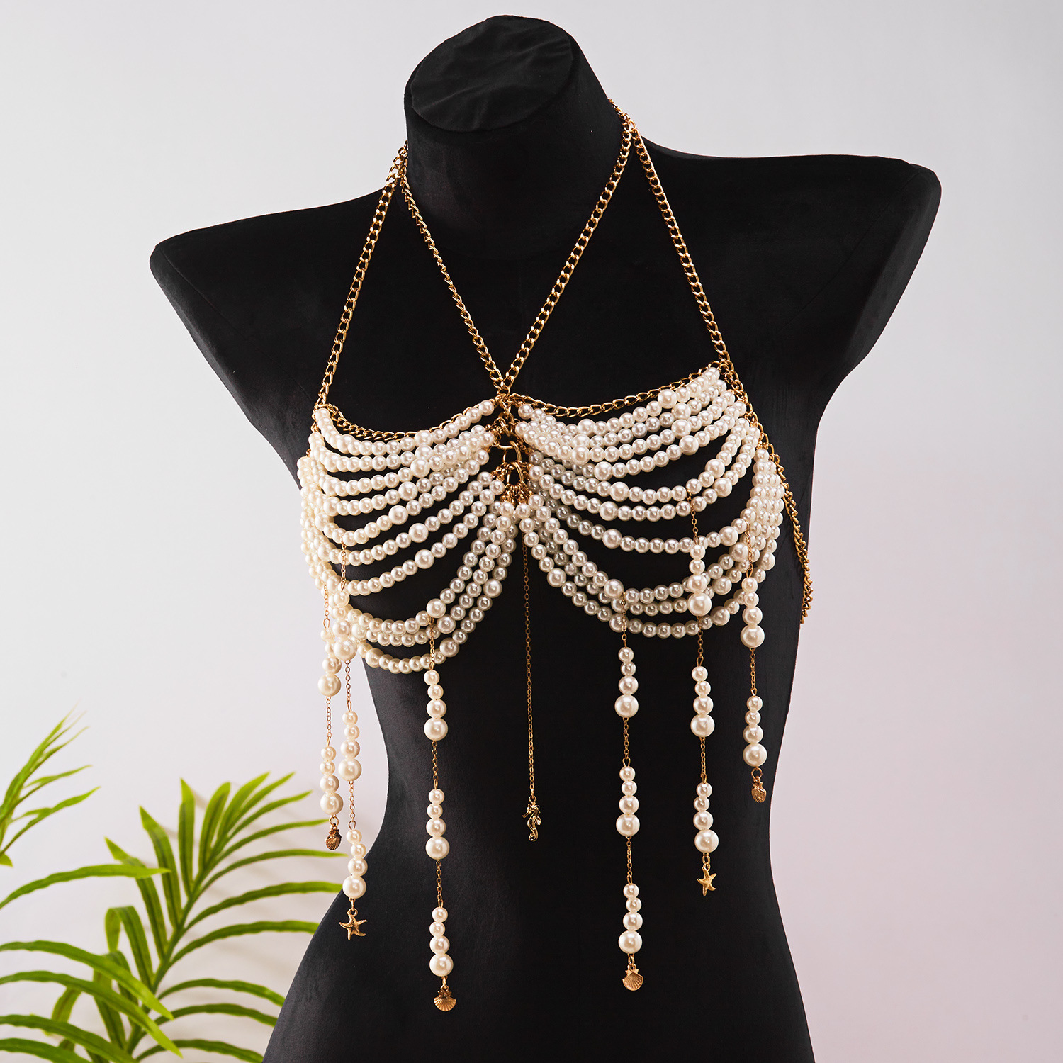 Pearl Beaded Chest Chain Tassel Halter Top Body Chain Bikini Beach Accessories
