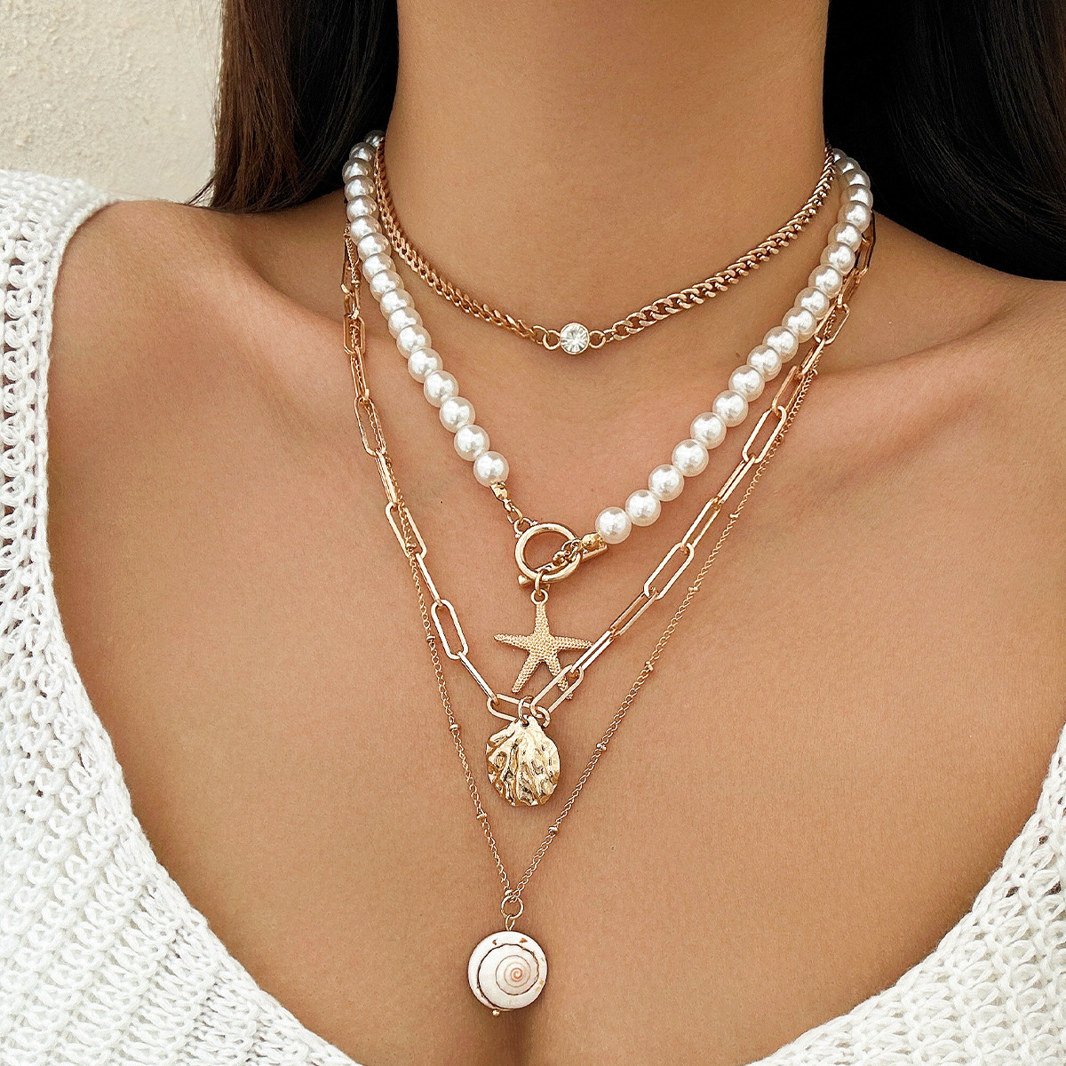 Jewelry bead necklace beach faux pearl ornament starfish shell vacation necklace