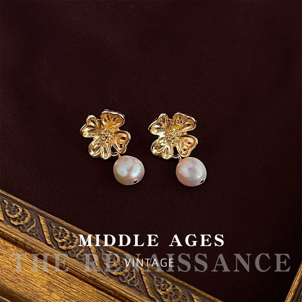Vintage Baroque Freshwater Pearl Earrings Collection Court Style Mother-of-Pearl Flower Ear Accessories