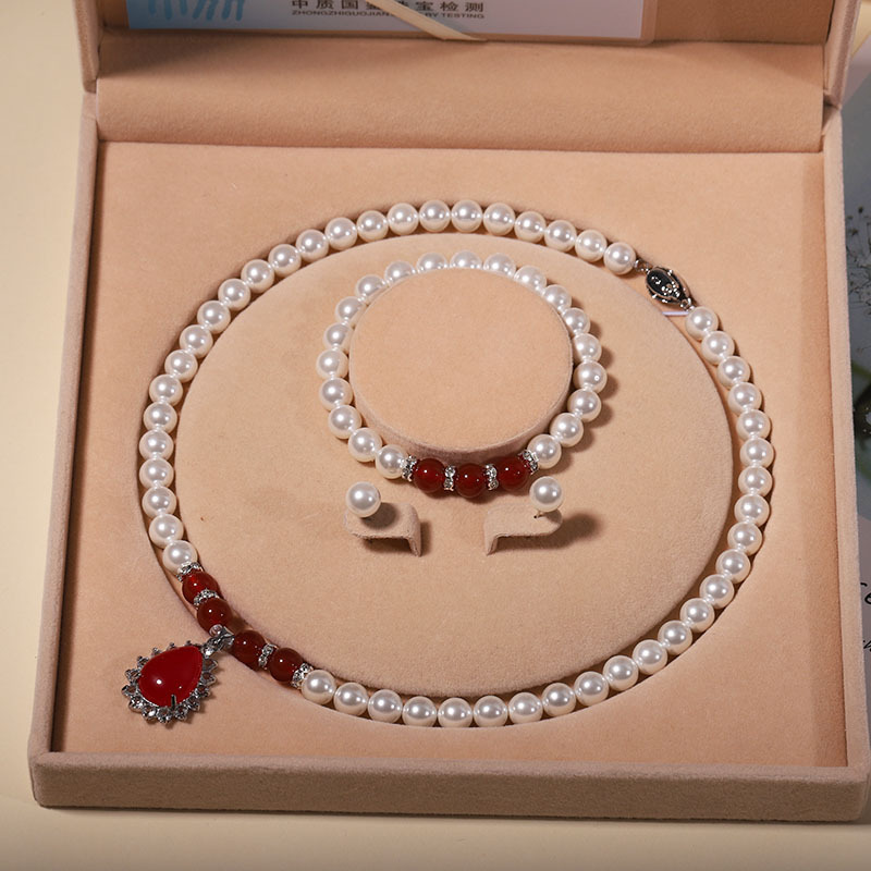Natural Shell Bead Pearl Necklace Pearl Necklace for Women Three-Piece Set Gift Box Accessories Mother's Day Gift