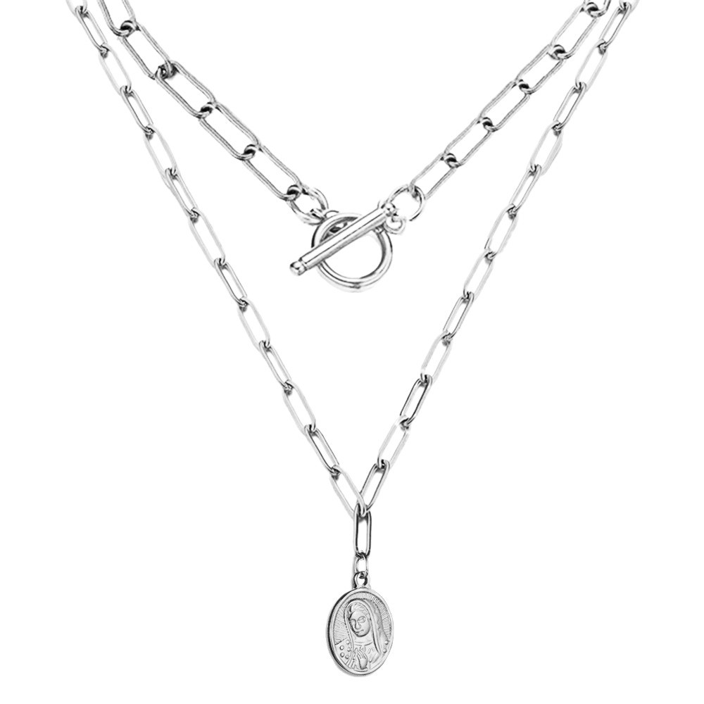 Minimalist versatile stainless steel paperclip necklace with figure round pendant double-layer necklace