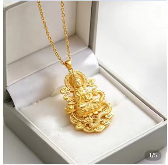 Imitation gold Chinese style dragon brand Guanyin Buddha head pendant peace buckle pendant necklace for men and women