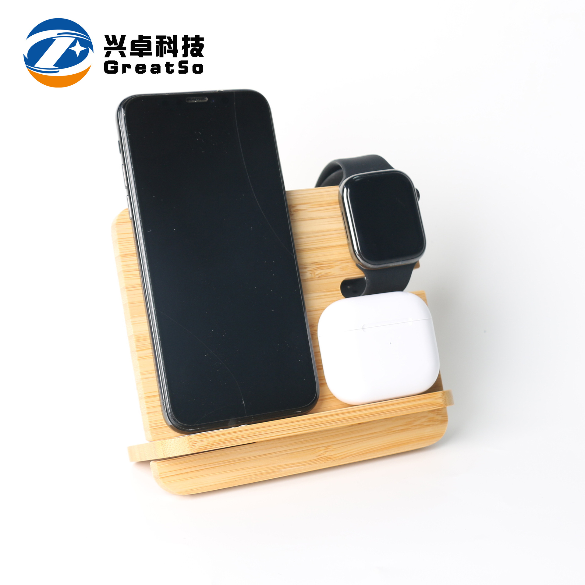 Vertical multi-function bamboo three-in-one wireless charger for phone watch earphone bamboo wood gift wireless charger