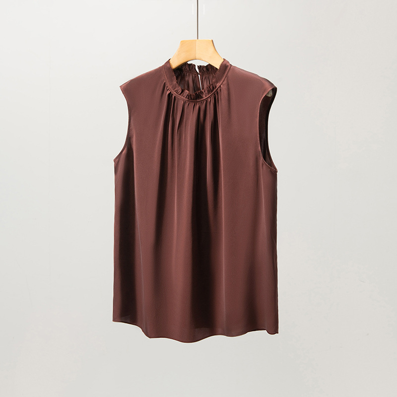 New Satin Mulberry Silk T-Shirt for Women Summer Commute Ruffled Sleeveless Vest Top Mid-Length