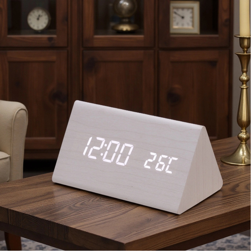 Digital LED wooden clock, temperature, calendar, quiet bedroom student alarm clock, triangular desk clock