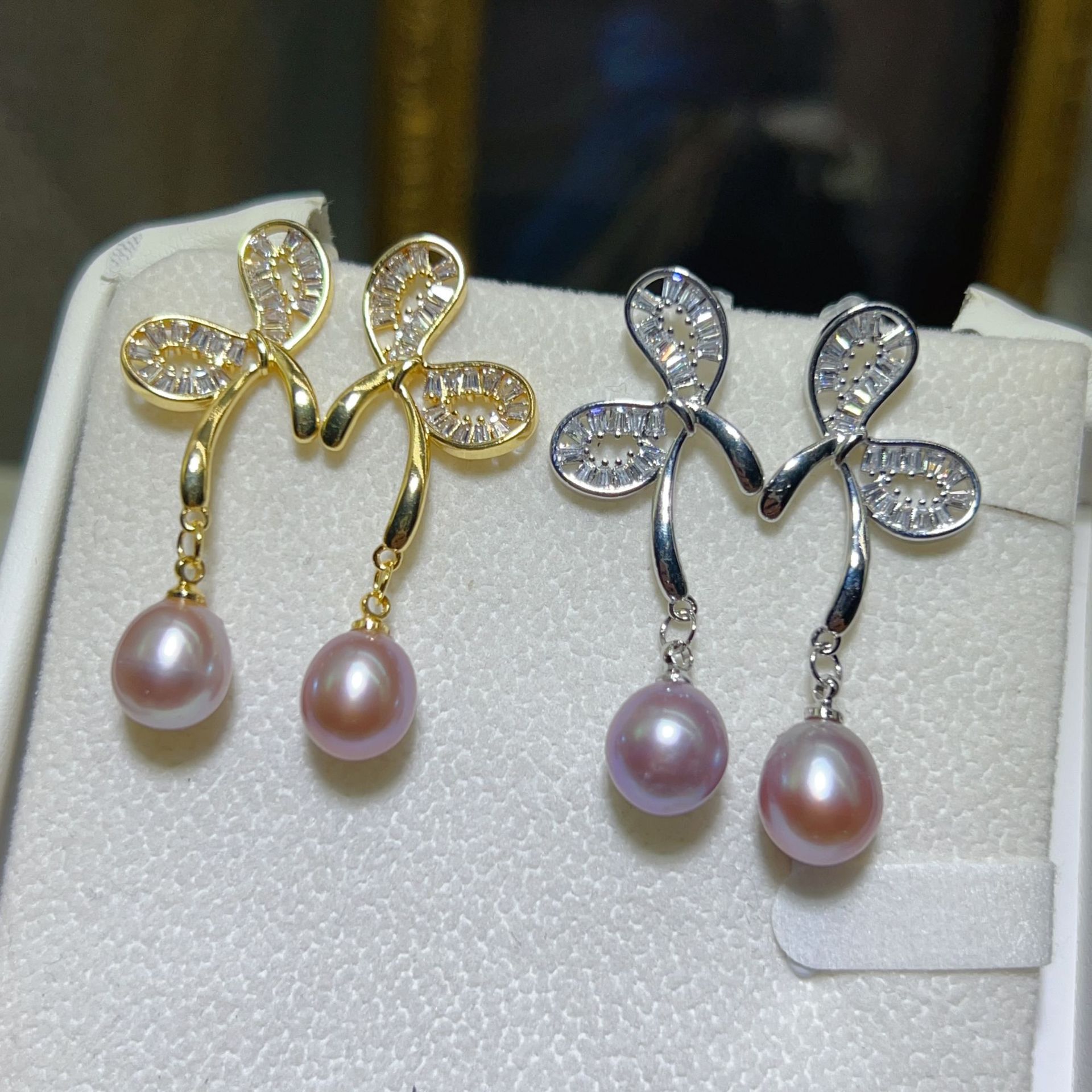 Zhuji Pearl Earrings 8-9MM Bread Pearl 925 Needle Purple Gray Earrings Natural Freshwater Pearl