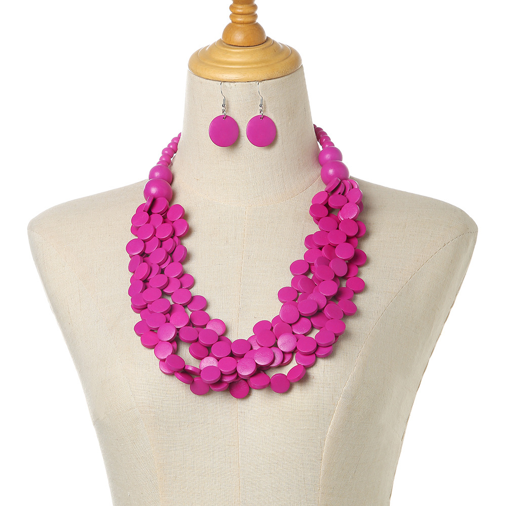 Ethnic style irregular wooden pieces bead multi-layer necklace and earring set sweater chain banquet accessories necklace