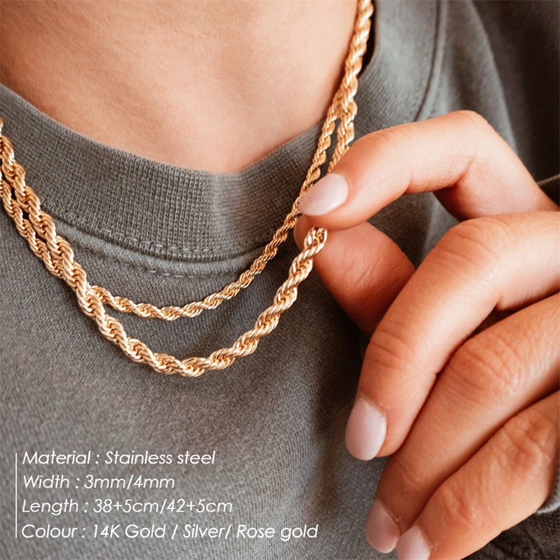 eManco Titanium Steel Necklace Gold Plated Twist Chain Men Women Stainless Steel Collarbone Chain Necklace