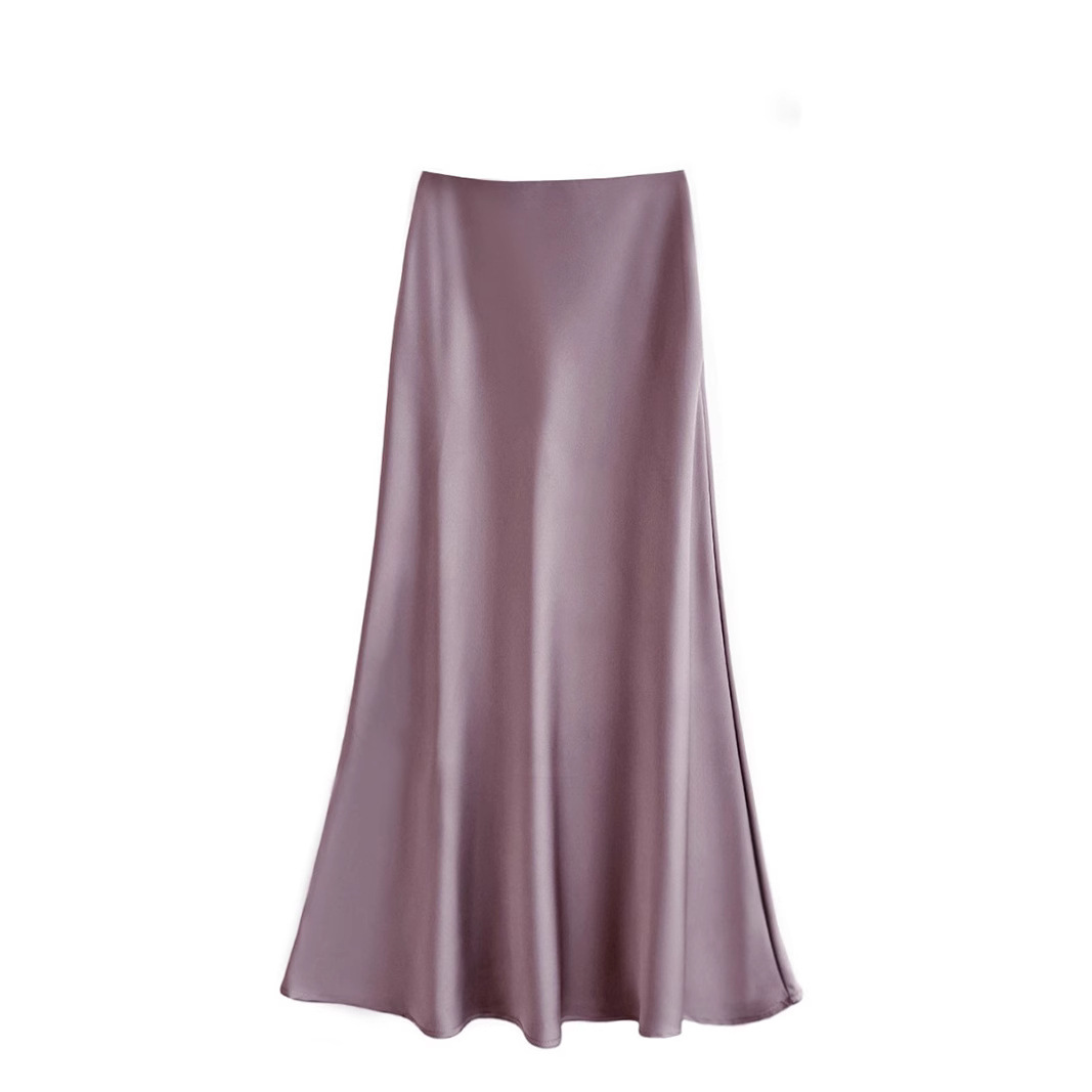 Summer commute elastic waist satin skirt women spring and summer high waist hip-hugging skirt mid-length skirt A-line skirt