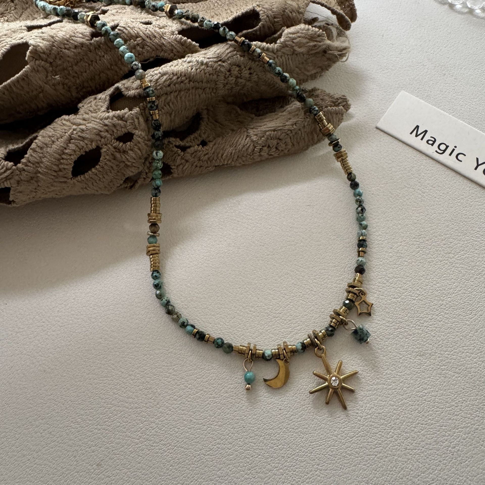Star moon natural stone titanium steel bead necklace niche accessories women's layered wear collarbone chain accessories