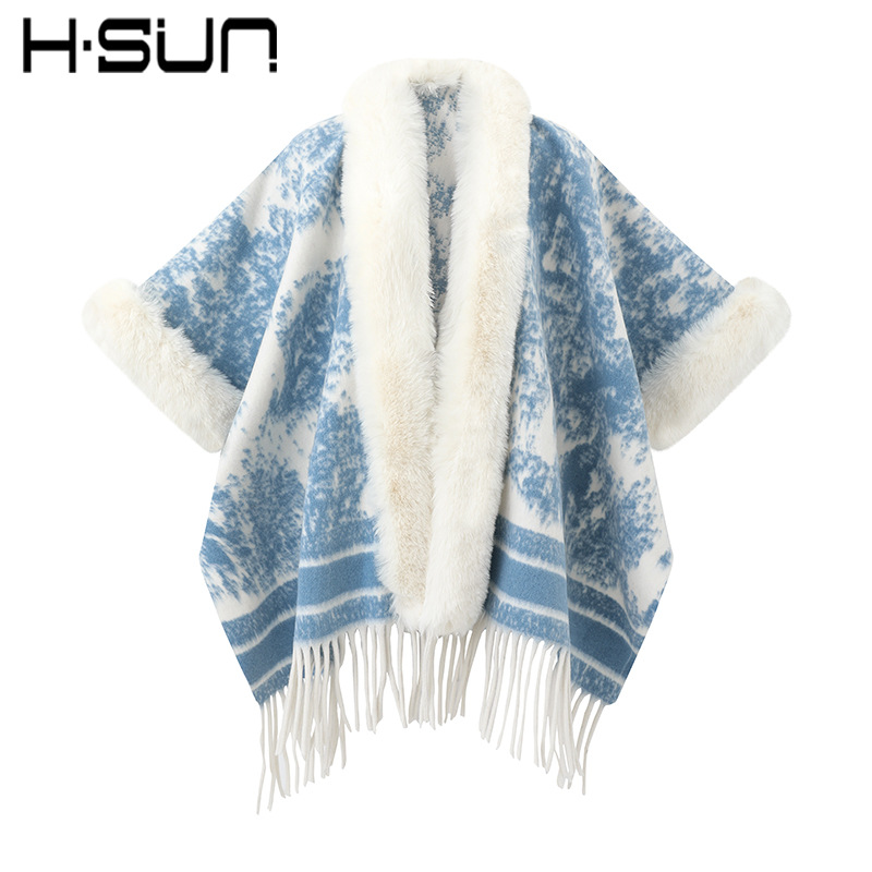 New Knit Cape Poncho Elegant Ethnic Style Fringe Wool Shawl Warm Ethnic Style