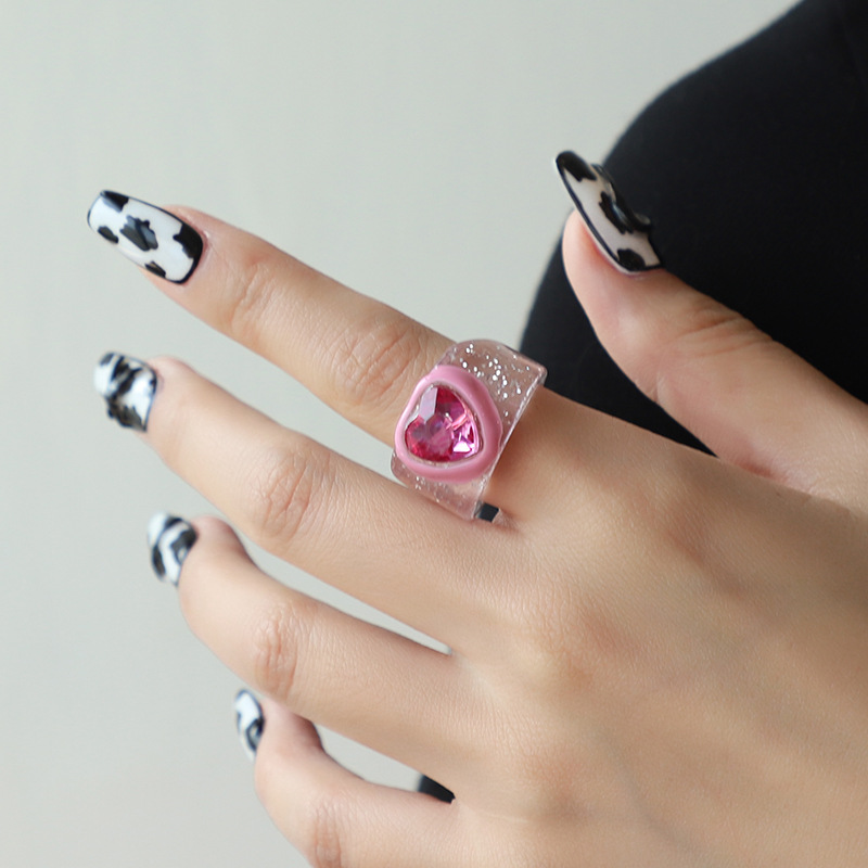 Kenjie autumn-winter new Valentine's Day resin heart-shaped enamel ring with rhinestones for women