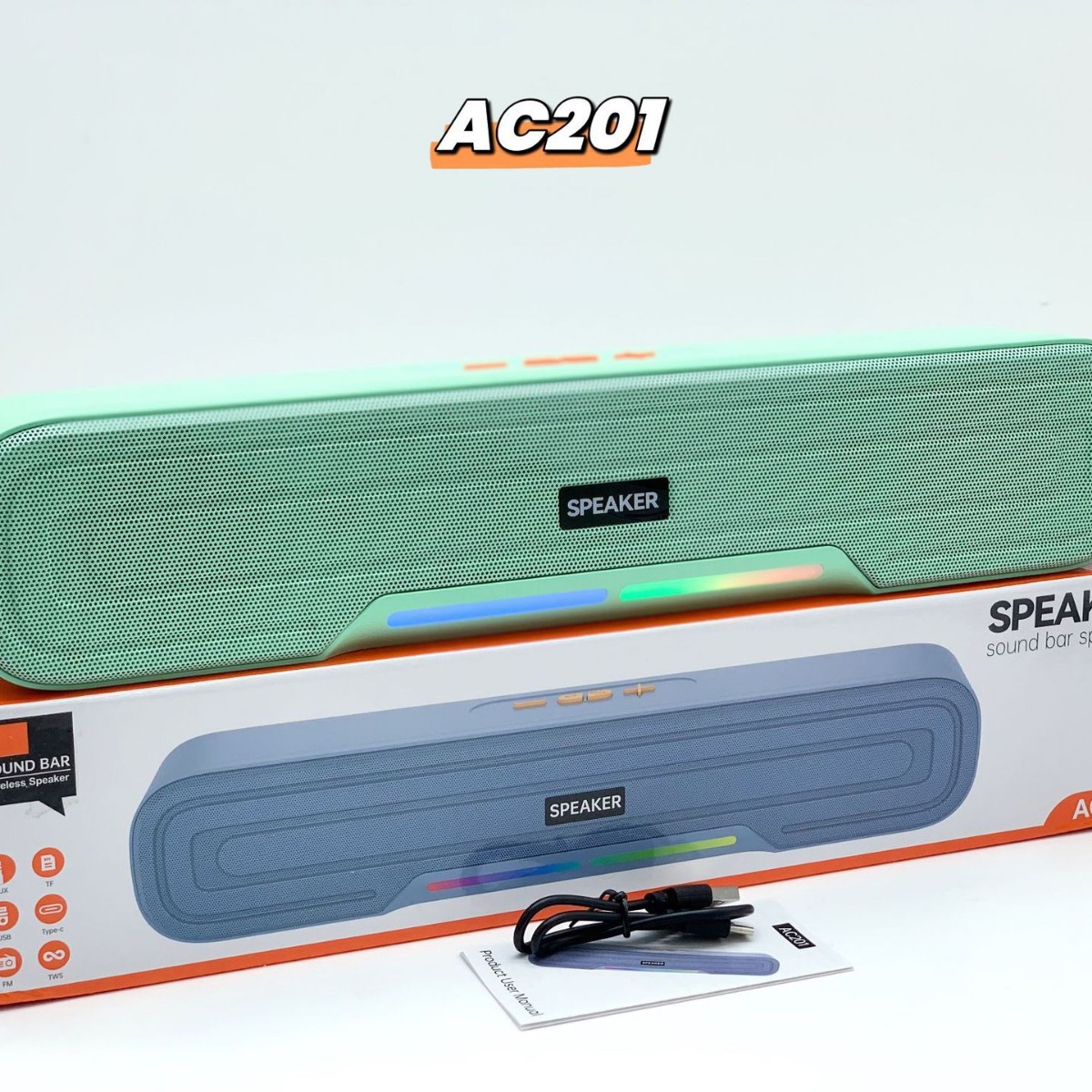 New product AC201 Bluetooth speaker long sound bar portable subwoofer desktop RGB colorful light card audio