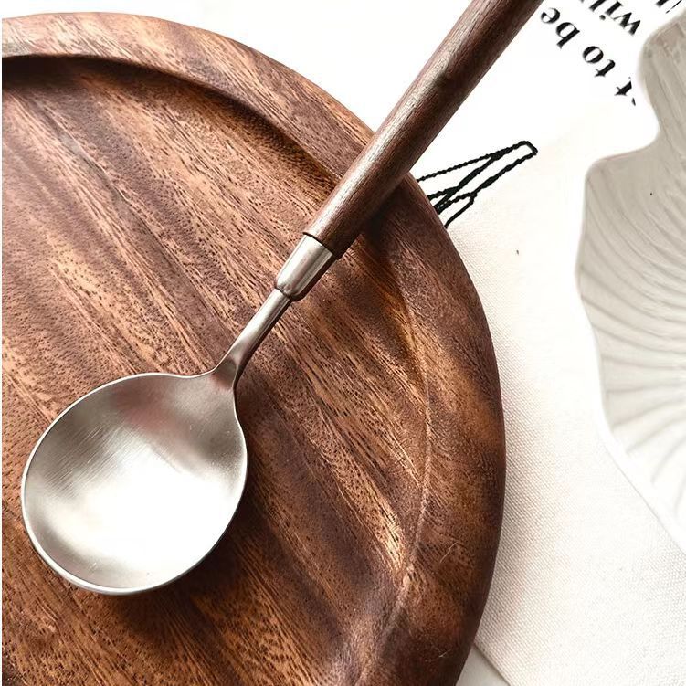 Stainless Steel Spoon Simple Texture Imitation Walnut Handle Set Household Western Tableware Rice Spoon Tableware