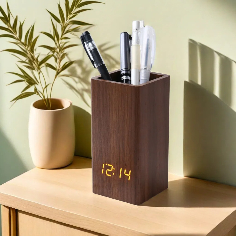 Factory sale office desk storage pen holder wooden clock, desktop silent electronic clock, LED time voice-activated alarm clock
