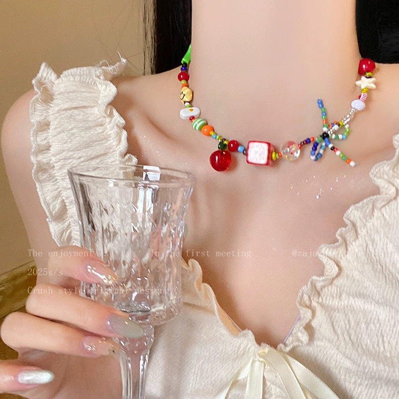 Seaside resort style natural shell bead adjustable necklace hand-woven rope sweet style collarbone chain