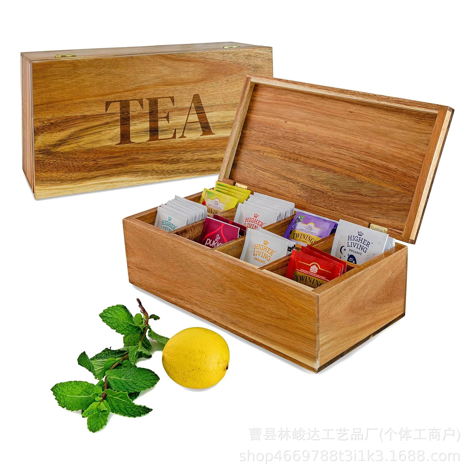 Wooden tea bag storage box, desktop flip-top compartment tea packaging gift box, acacia wood sugar packet storage box