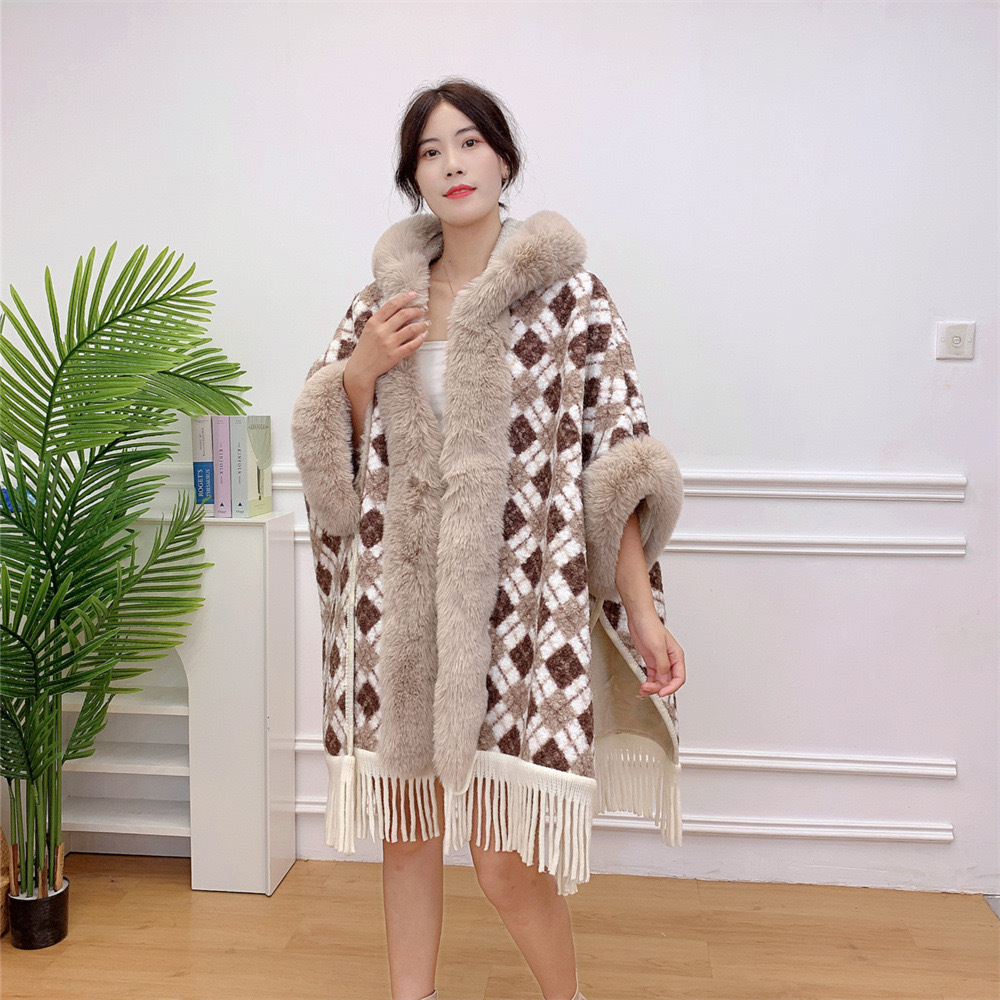 Live Autumn Winter New Plaid Tassel Fleece Lined Thickened Hooded Cape Shawl Fur Collar Warm Coat