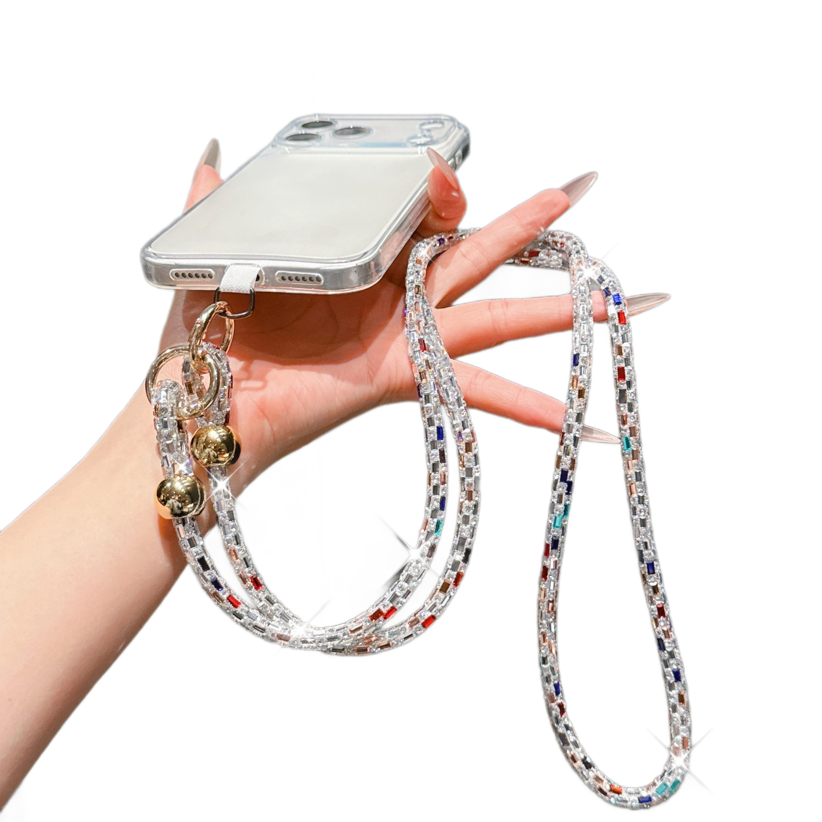 Rhinestone Phone Lanyard Long Crossbody Chain Glass Diamond Multi-function Anti-loss Beaded