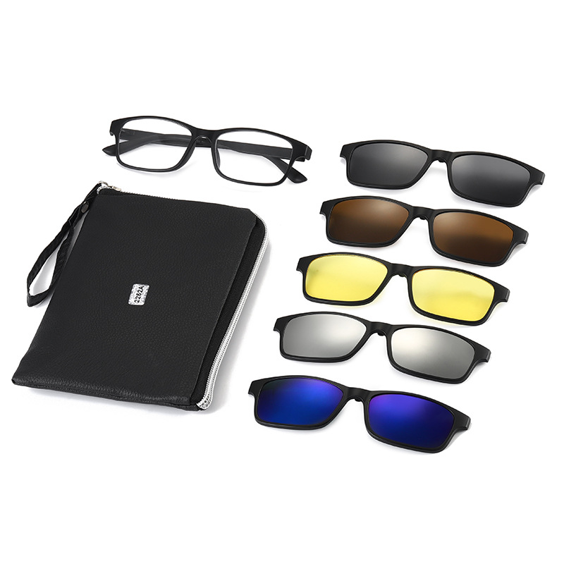 Polarized sunglasses for men and women, new TR90 frame, five-piece set, black night vision magnetic clip-on sunglasses