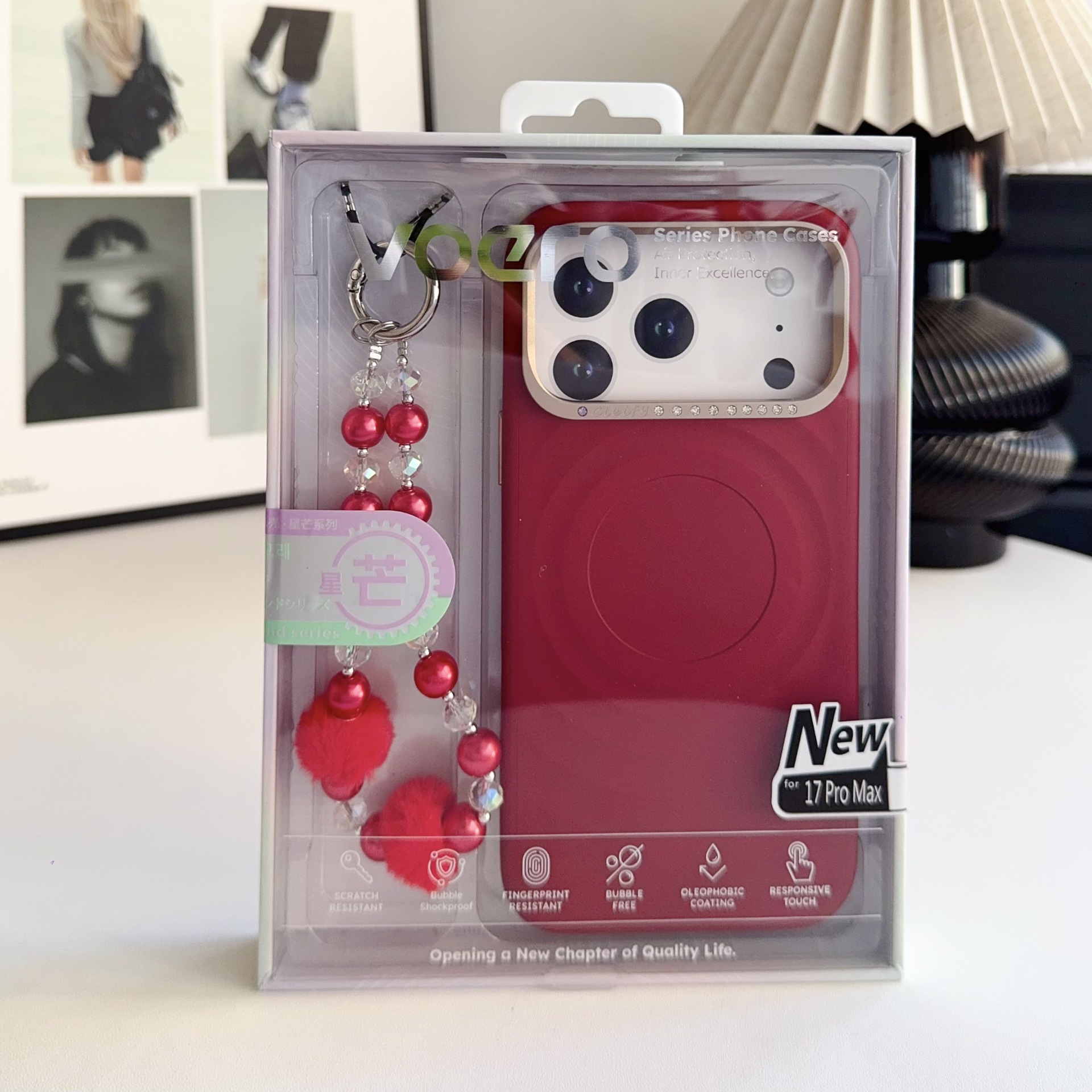 For iPhone 17 Pro Max Pearl Plush Bracelet Star Glitter Case Apple 16 Diamond Lens Ripple Phone Case
