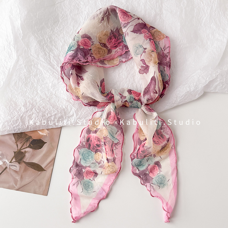 Oil painting wrinkled small triangle square scarf, silk scarf for women, neck protection mother matching shirt hair band neck scarf thin scarf