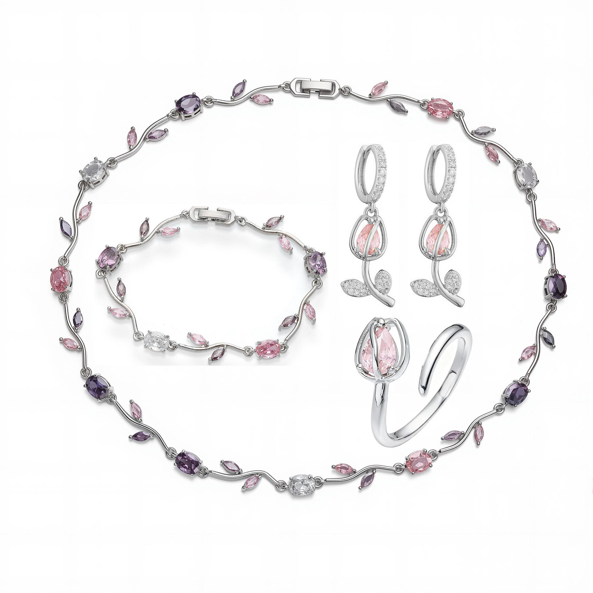 Copper Inlaid Colorful Diamond Branch and Petal Bracelet Leaf Tulip Layered Hand Jewelry