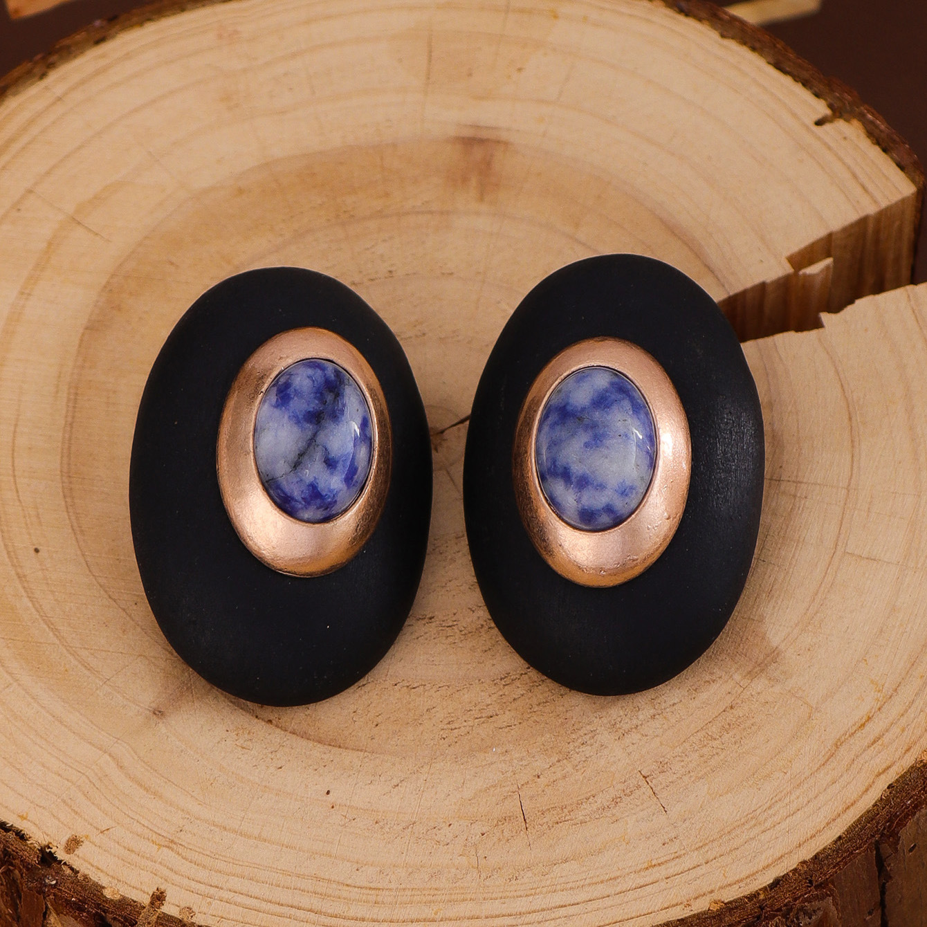 Original Design Wind Accessories Exaggerated Wood Oval Stone Metal Stud Earrings Women