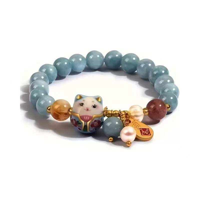 New New Chinese Style Ceramic Maneki Neko Bracelet Blue Jade Beaded Bracelet Cartoon Cute Jewelry