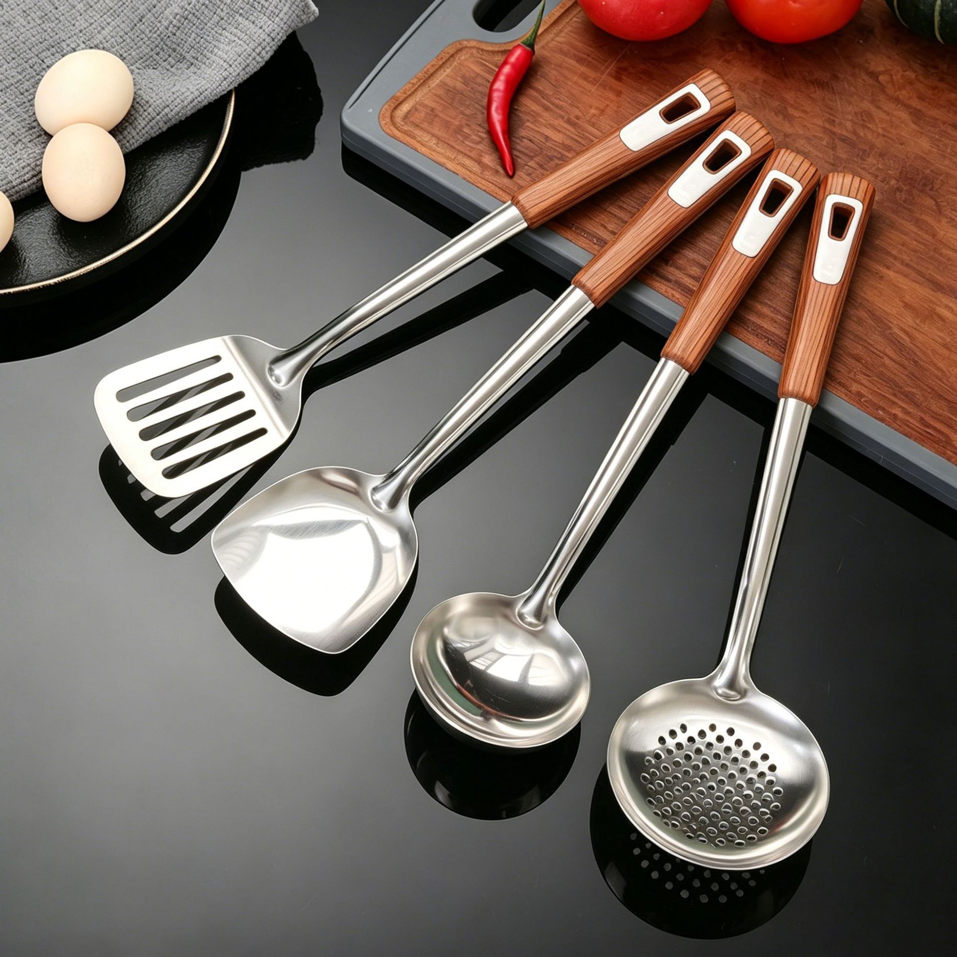 Stainless steel kitchen utensils thickened wok spatula soup spoon home anti-scald slotted spoon noodle ladle kitchen wok spatula spoon set