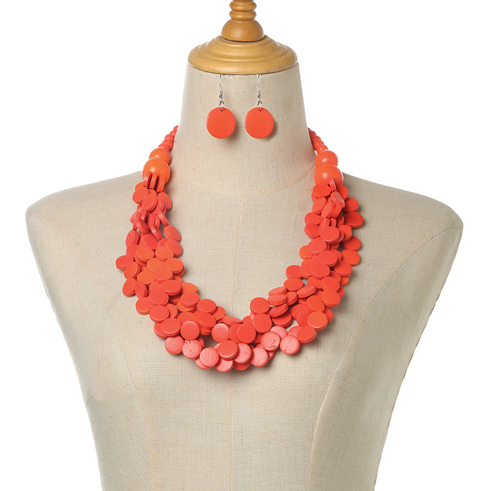 Ethnic style irregular wooden pieces bead multi-layer necklace and earring set sweater chain banquet accessories necklace