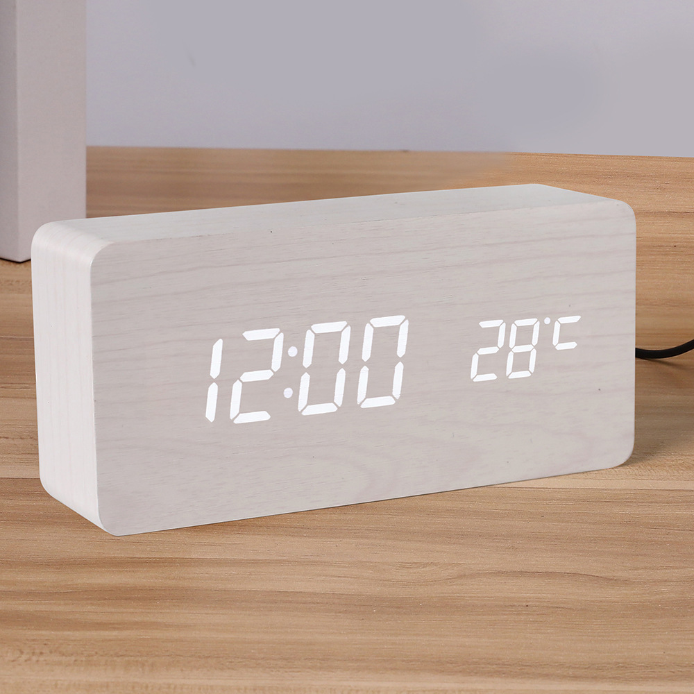 Best Selling LED Wooden Clock Thermometer Electronic Clock Wooden Student Alarm Clock Digital Voice Control Clock