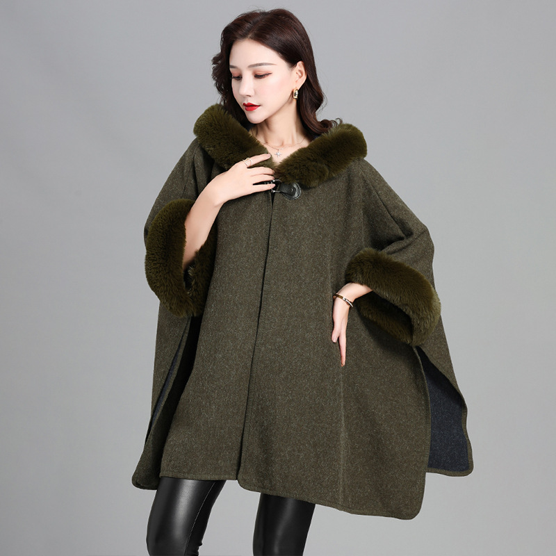 Imitation Rabbit Fur Collar Hooded Large Cape Poncho Women's Knit Cardigan Thick Loose Mid-Length Fur Coat Women